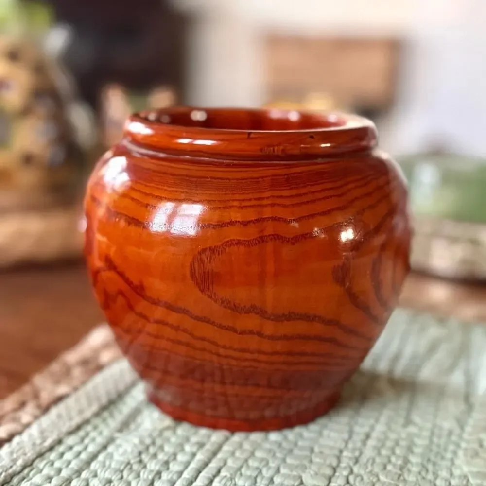 Vintage Hand Turned Wood Vase Lacquered Handmade Rustic Planter Glossy 5” - Picture 7 of 9